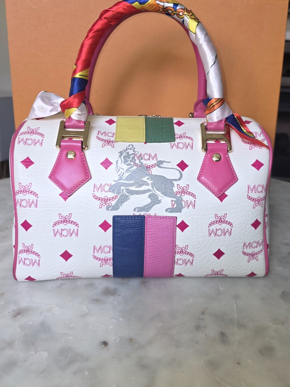 MCM Princess Lion White Satchel with Pink Handles & Trim  W/ Gold Hardware